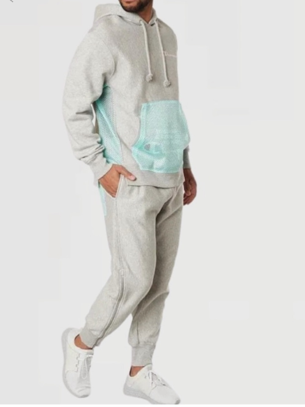 Mens Champion Mesh Pocket Hoodie‎ Pullover Sweatshirt Oxford Grey Large